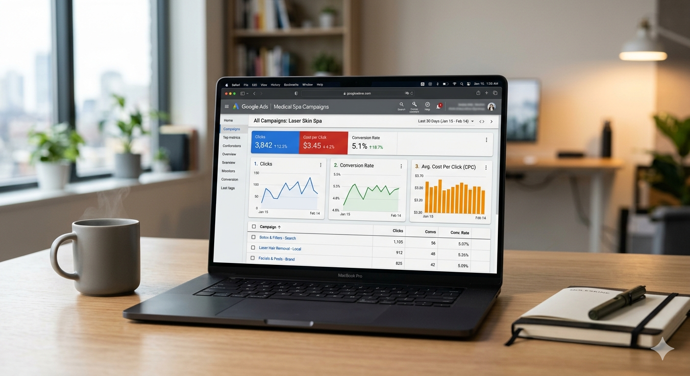 Google Ads dashboard for med spa marketing campaigns
