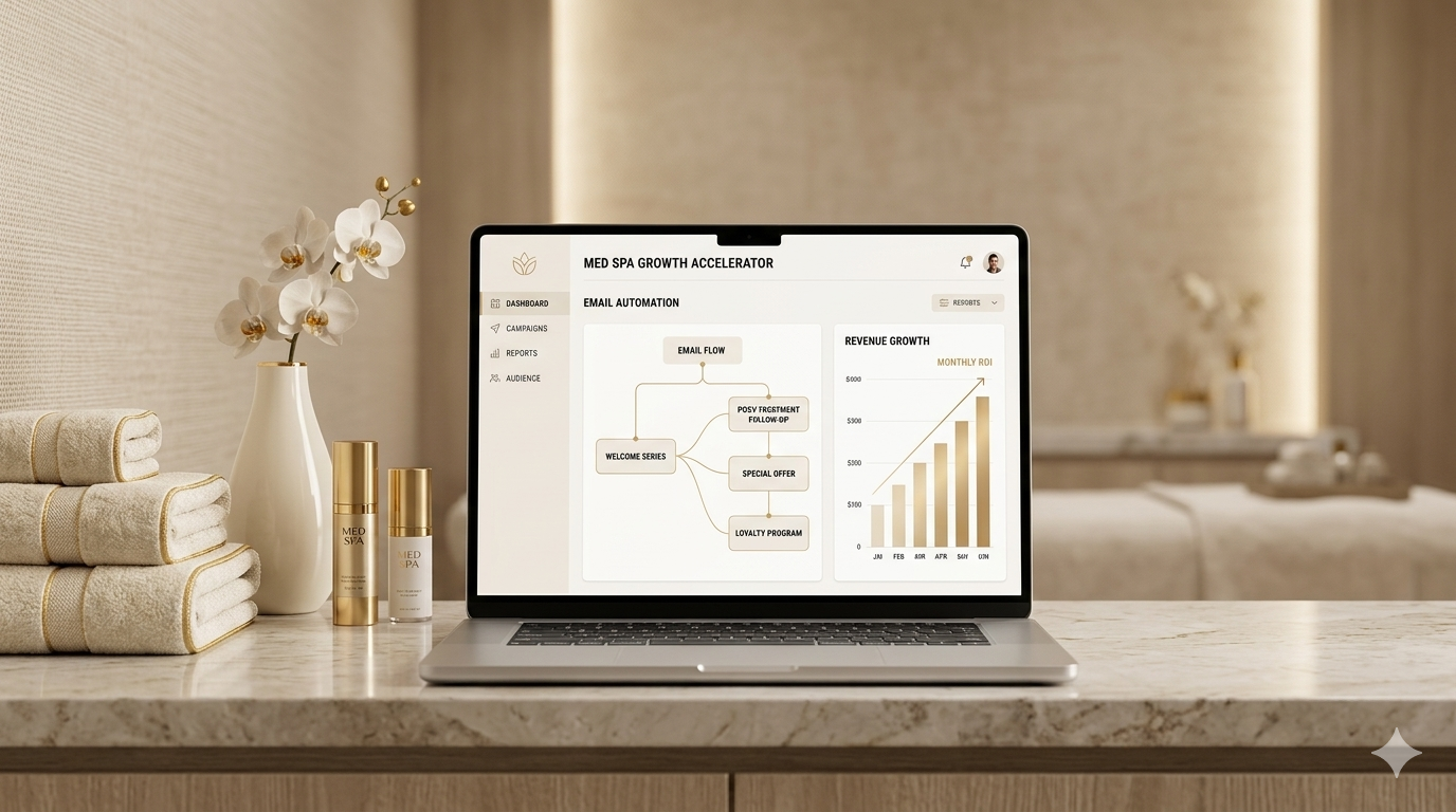 Med Spa Growth Accelerator dashboard showing email automation revenue flow